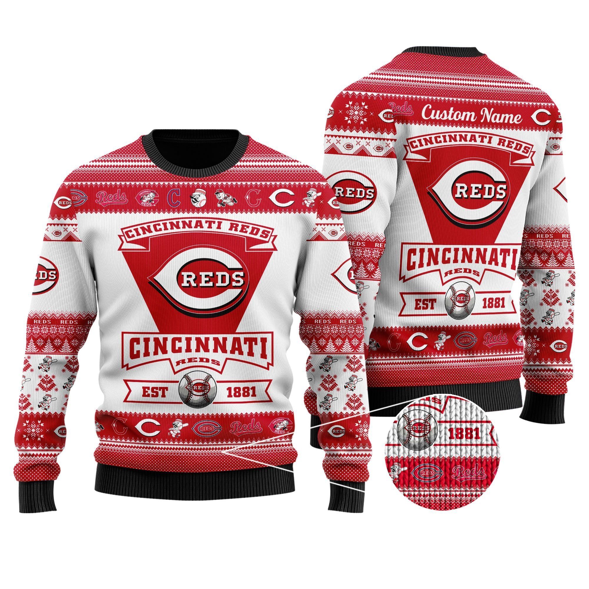 Cincinnati Reds Football Team Logo Custom Name Personalized Ugly Christmas Sweater Holiday Party Men Women Plus Size