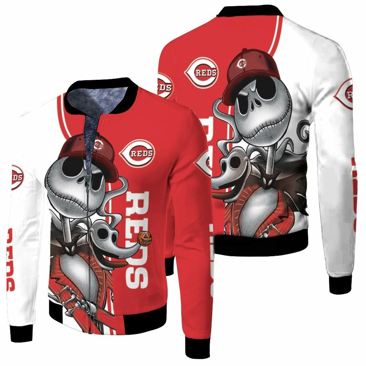 Cincinnati Reds Jack Skellington And Zero Bomber Jacket | MLB Team Jacket for Men & Women | Baseball Fan Gift