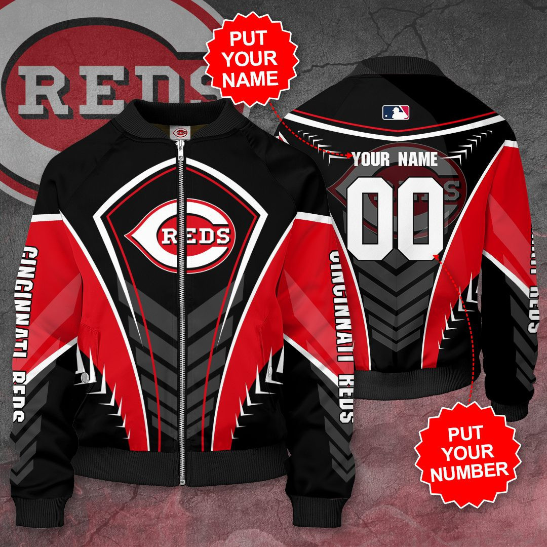 Cincinnati Reds Personalized Name Number Black Bomber Jacket | MLB Team Jacket for Men & Women | Baseball Fan Gift