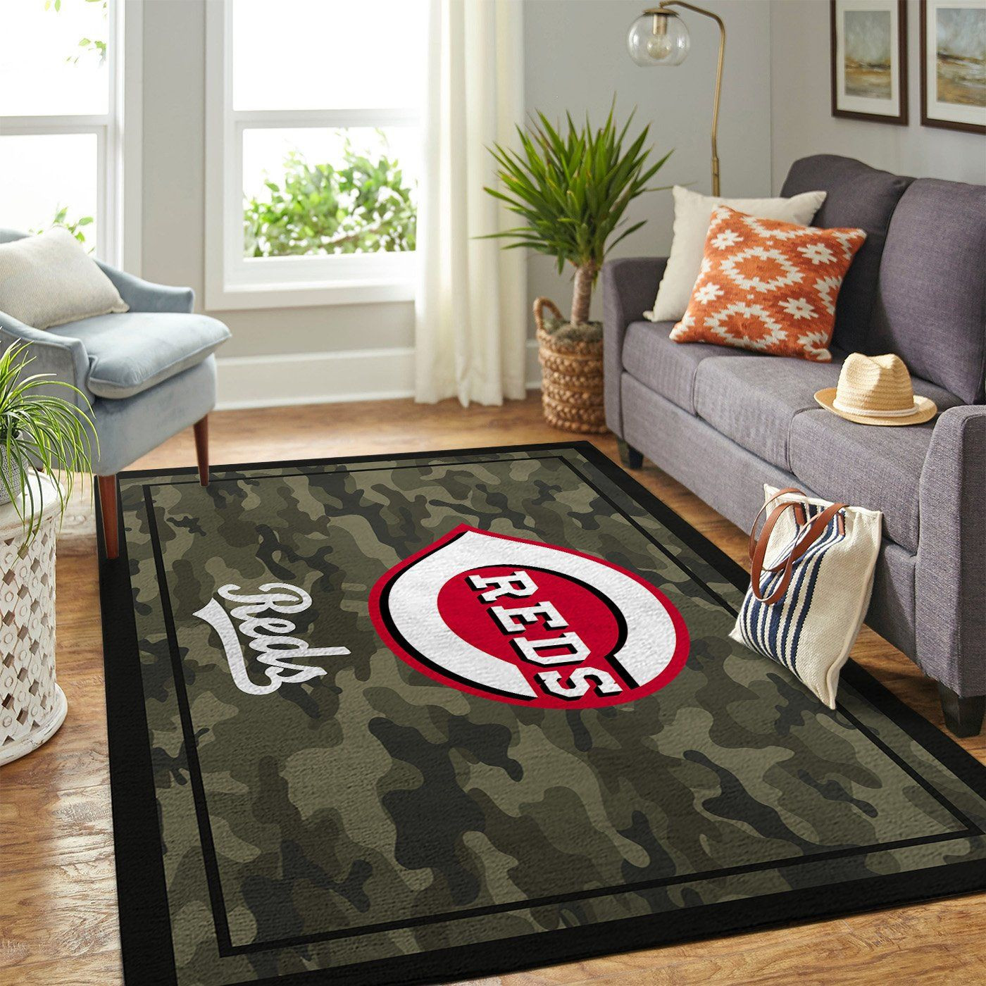 Cincinnati Reds Team Logo Camo Rectangle Area Rug – Full Print Carpet For Living Room & Bedroom Home Decor
