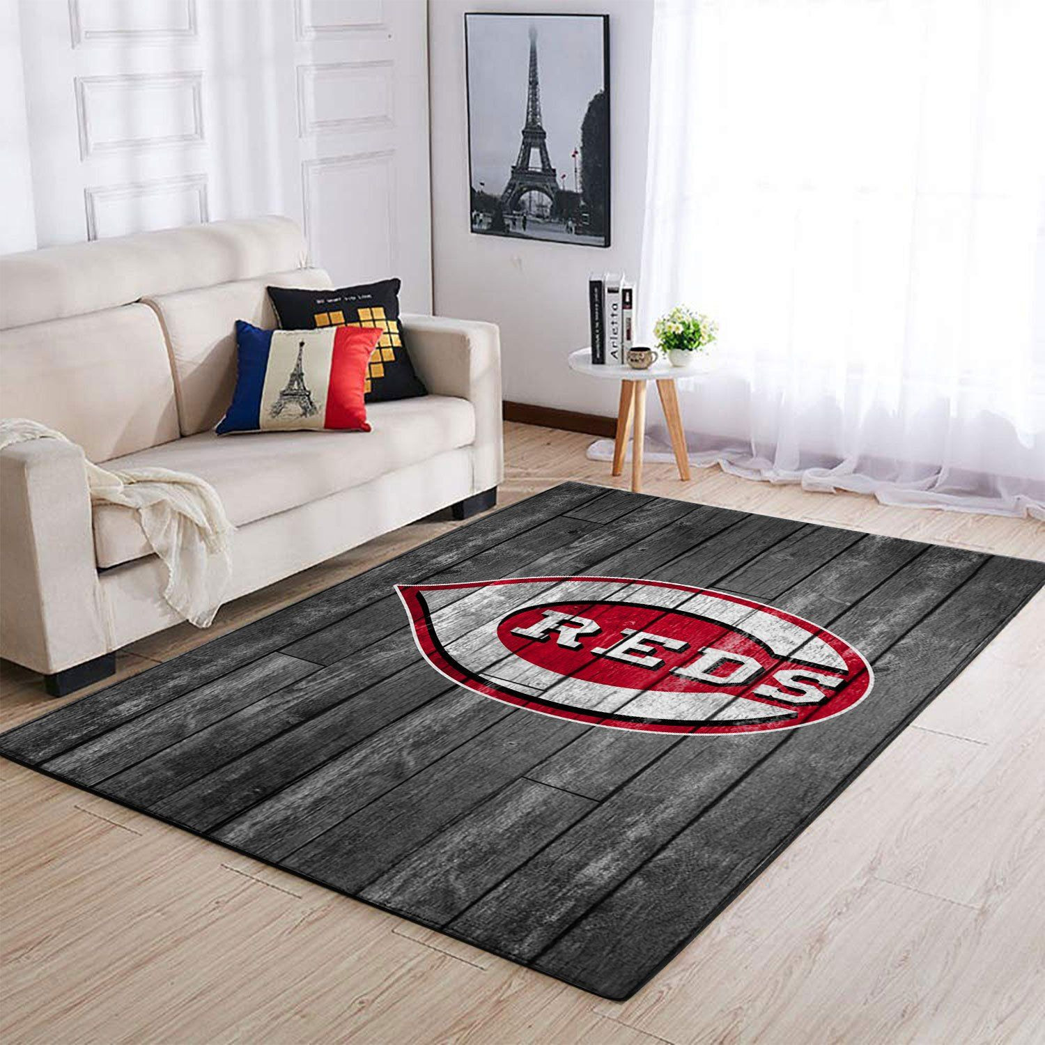 Cincinnati Reds Team Logo Grey Wooden Rectangle Area Rug – Full Print Carpet For Living Room & Bedroom Home Decor