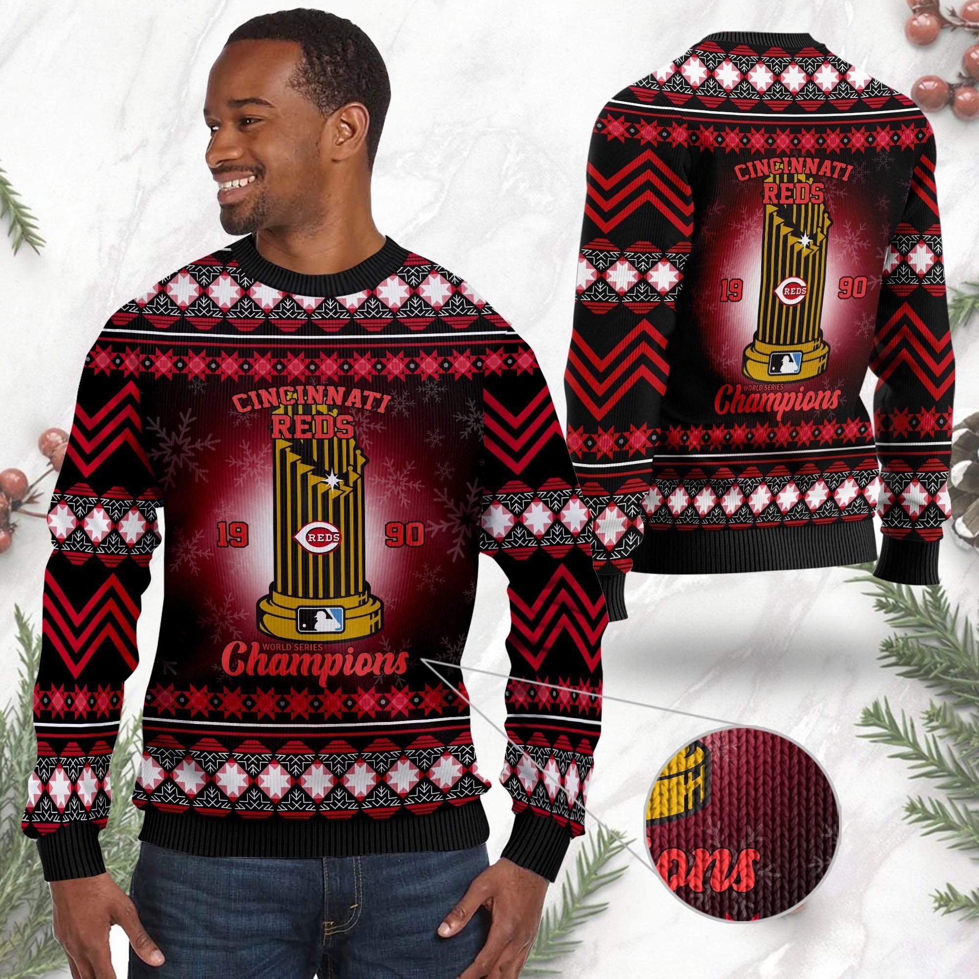 Cincinnati Reds World Series Champions MLB Cup Ugly Christmas Sweater