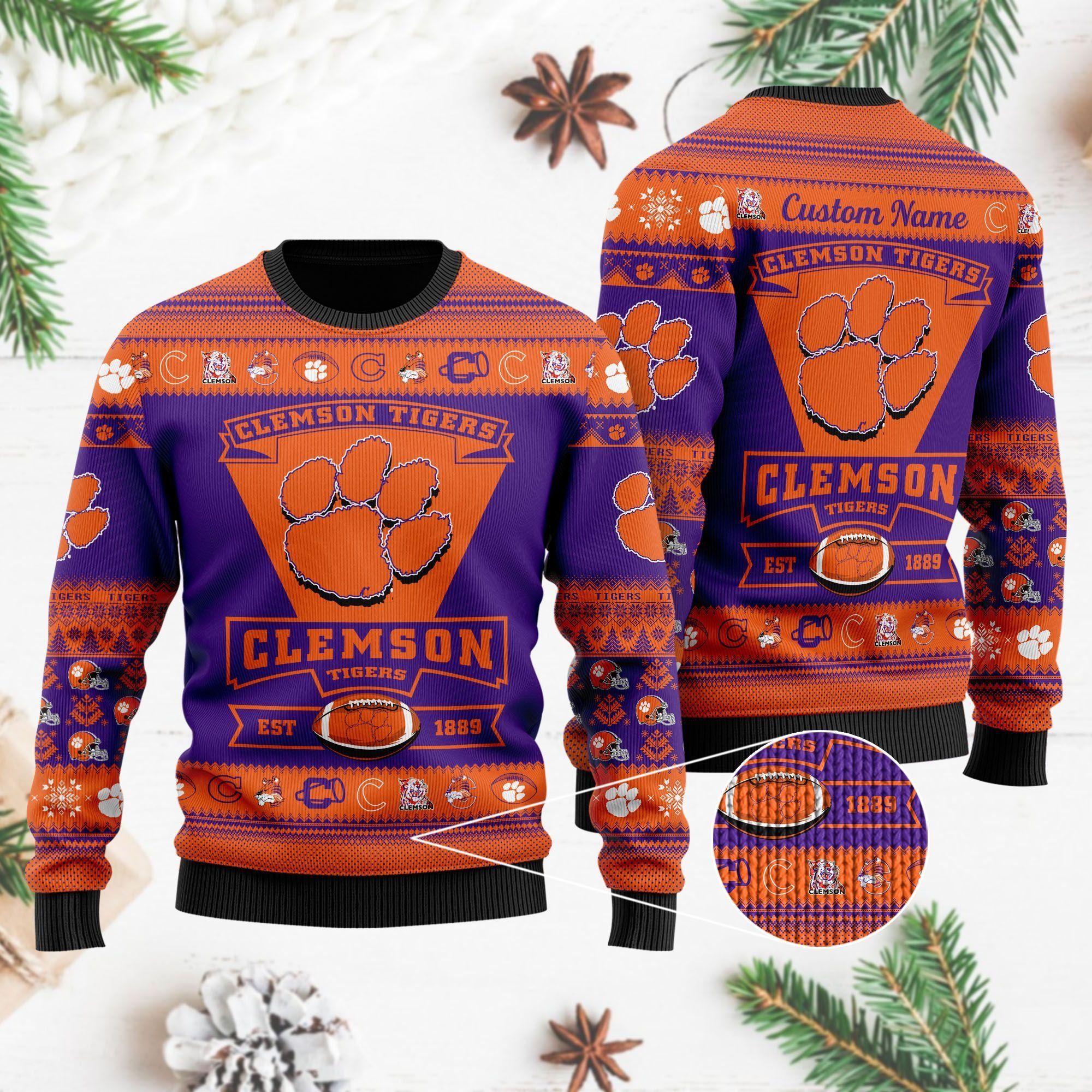 Clemson Tigers Football Team Logo Custom Name Personalized Ugly Christmas Sweater Holiday Party Men Women Plus Size