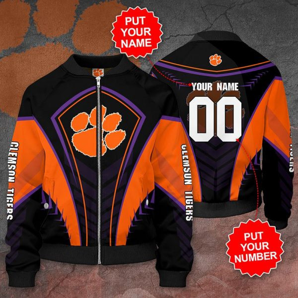 Clemson Tigers Personalized Name Number Black Bomber Jacket | NCAA College Team Jacket for Men & Women | Sports Fan Gift
