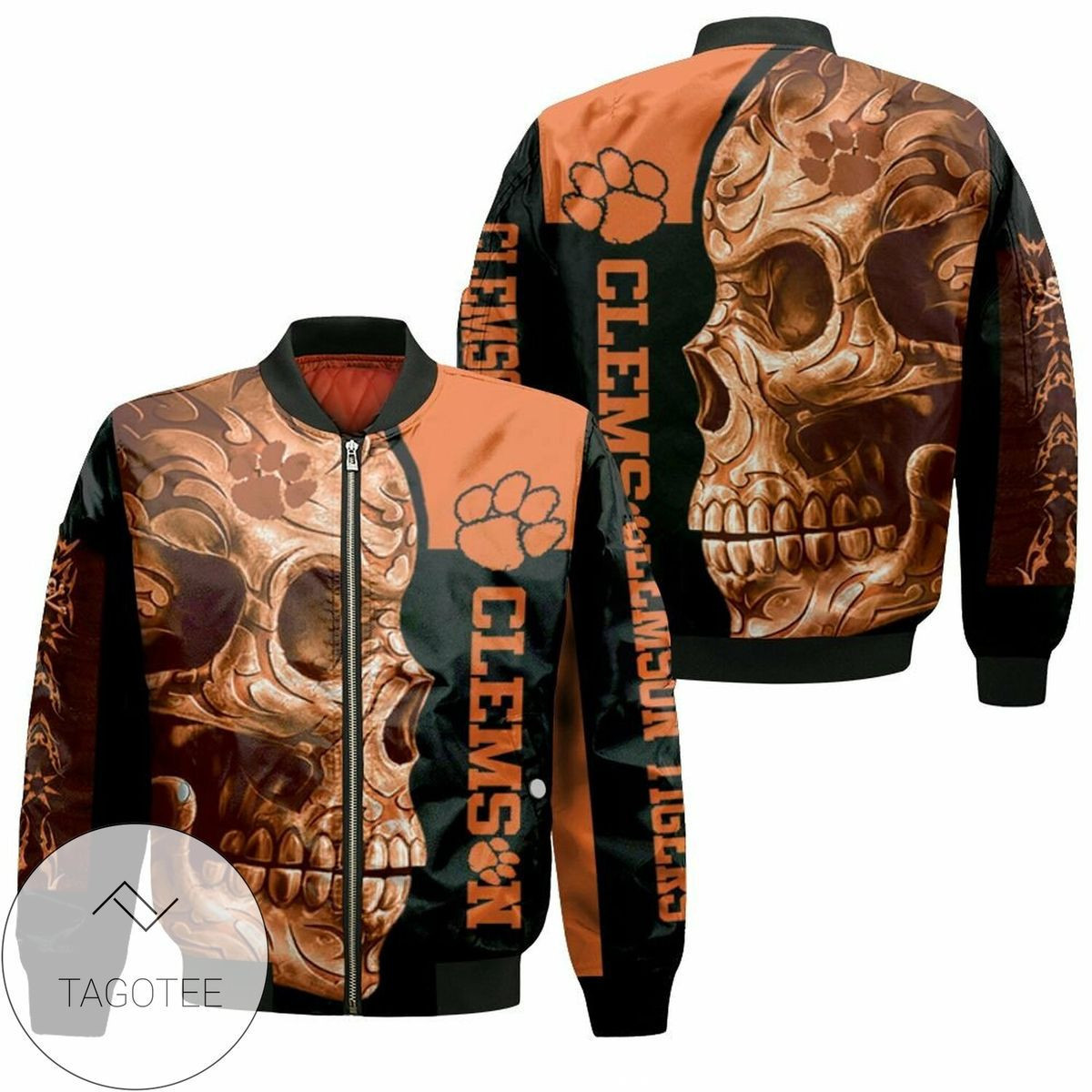 Clemson Tigers Skull Bomber Jacket | NCAA College Team Jacket for Men & Women | Sports Fan Gift