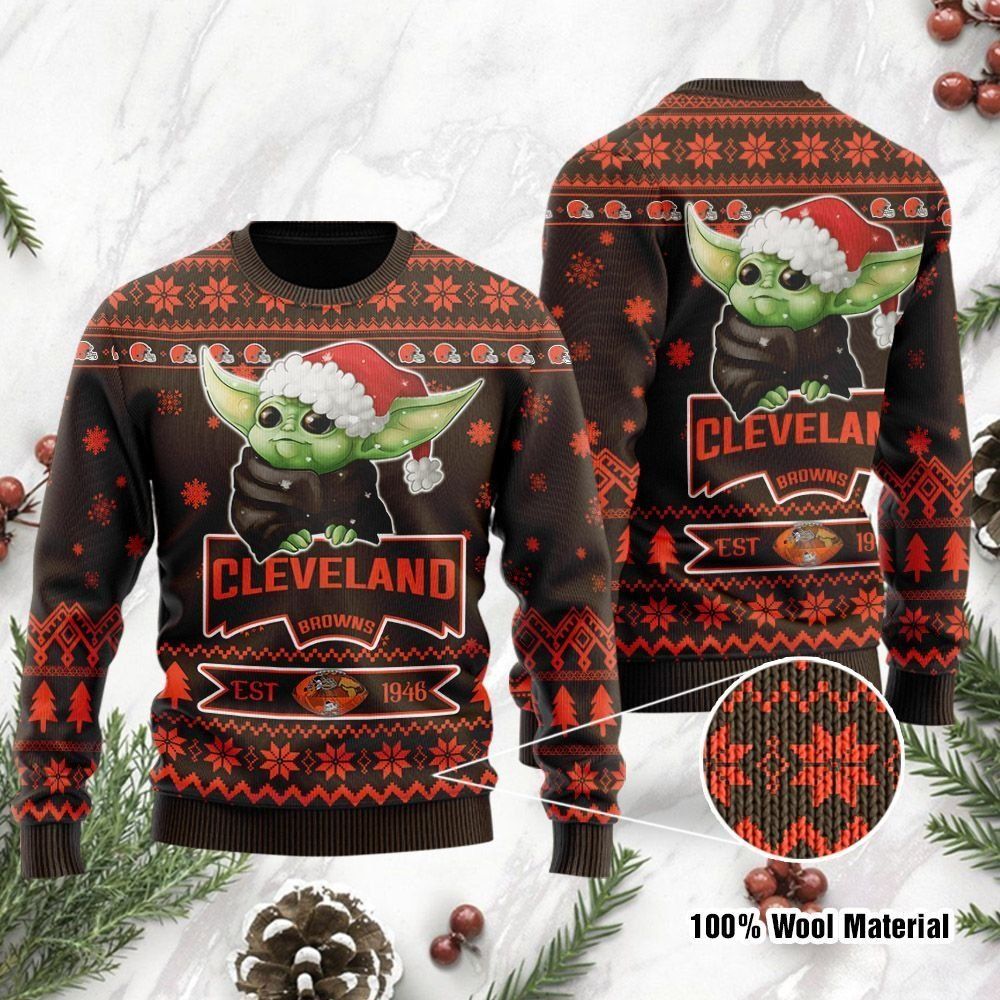 Cleveland Browns Cute Baby Yoda Grogu Ugly Christmas Sweater Holiday Party Men Women Full Plus Size