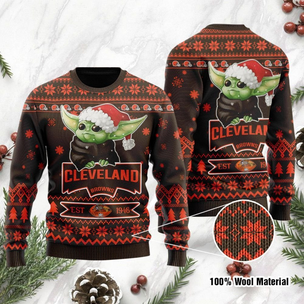 Cleveland Browns Cute Baby Yoda Grogu Ugly Christmas Sweater, Perfect Holiday Gift