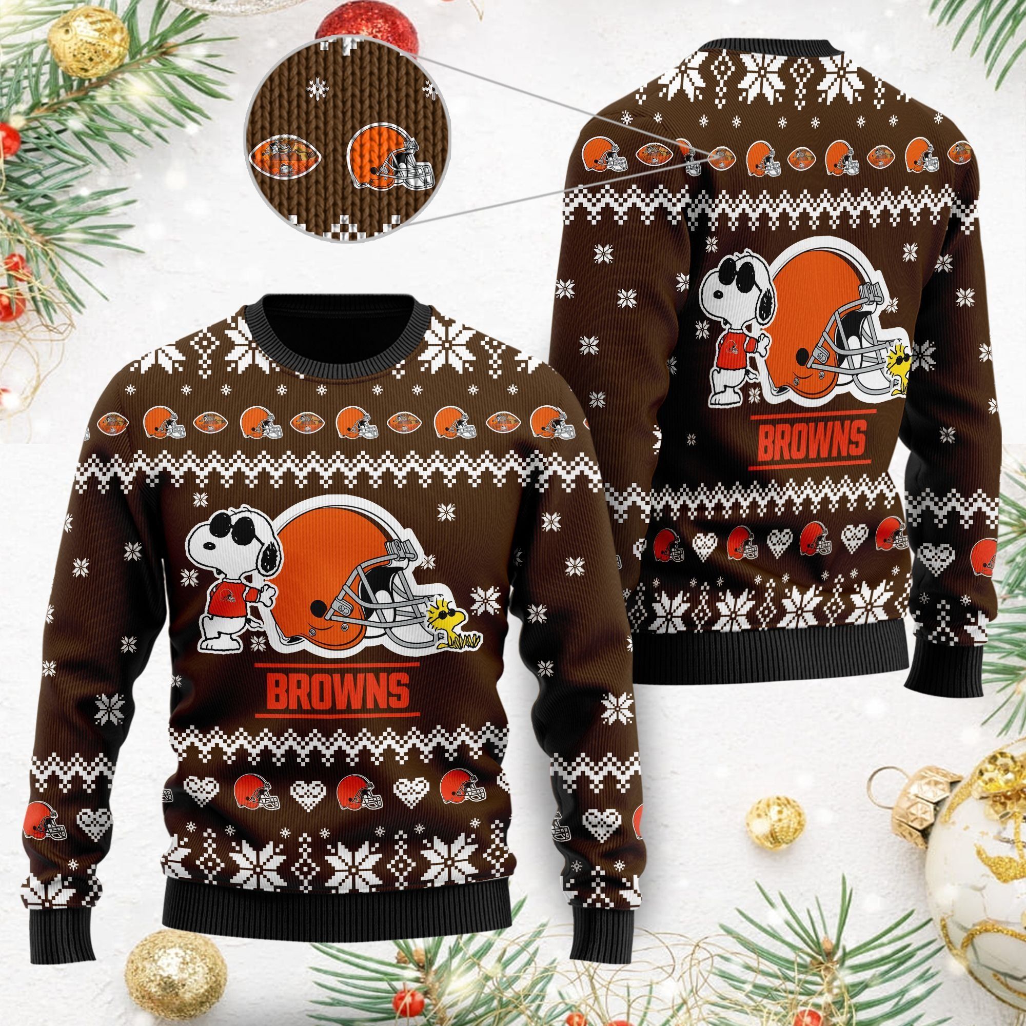 Cleveland Browns Cute The Snoopy Show Football Helmet 3D All Over Print Ugly Christmas Sweater For American Football Players And Fans On Christmas Days