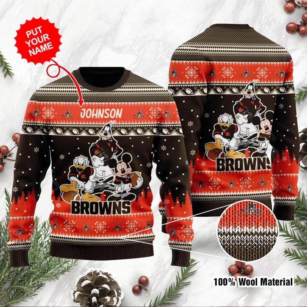 Cleveland Browns Disney Donald Duck Mickey Mouse Goofy Custom Name Personalized Ugly Christmas Sweater Holiday Party For Men Women