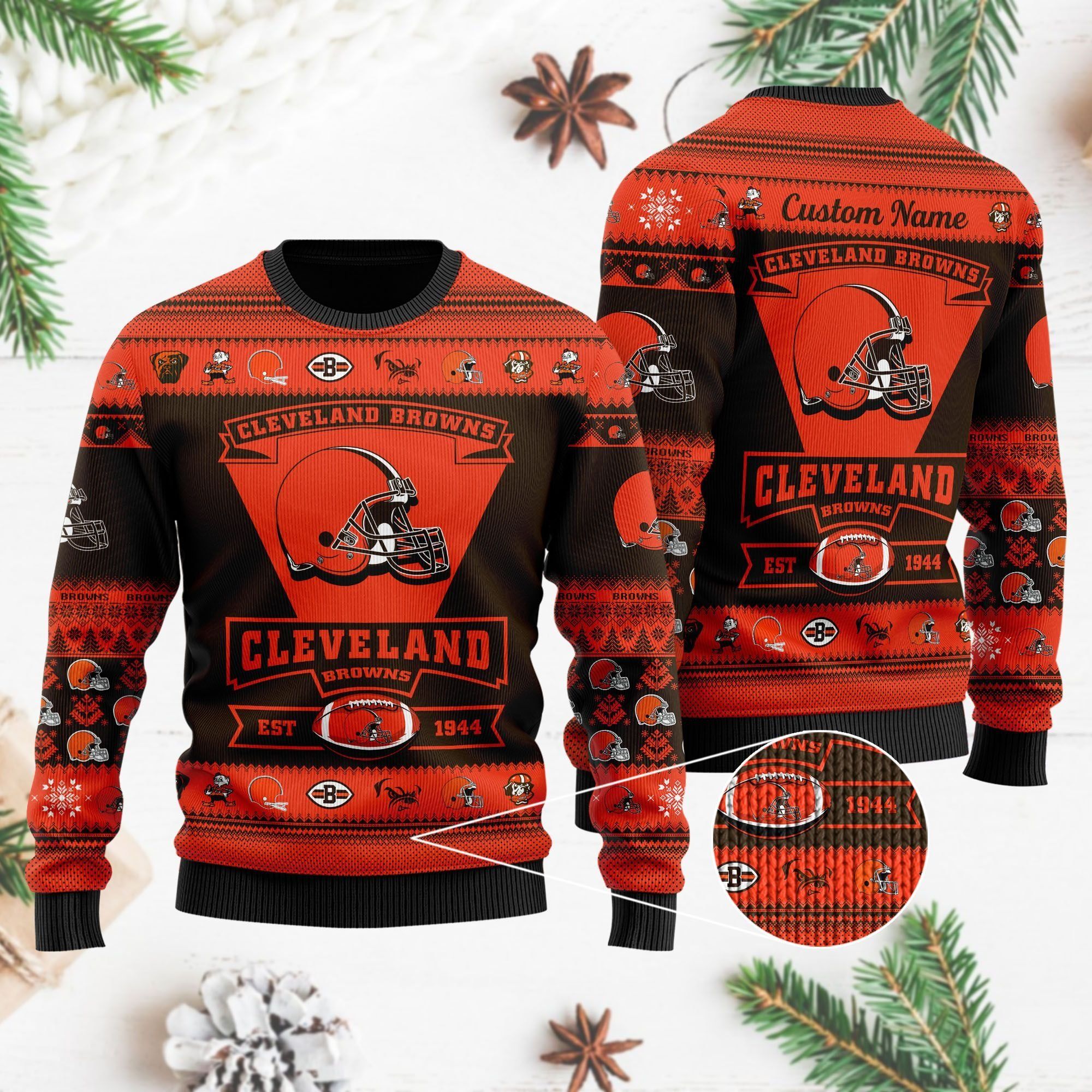 Cleveland Browns Football Team Logo Custom Name Personalized Ugly Christmas Sweater Holiday Party Men Women Plus Size