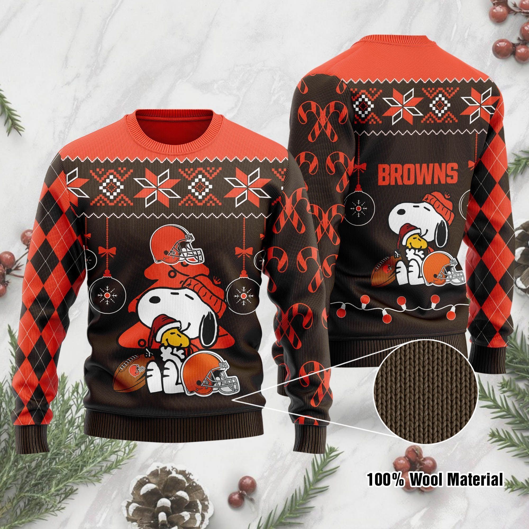Cleveland Browns Funny Charlie Brown Peanuts Snoopy Ugly Christmas Sweater Holiday Party Men Women Plus Size