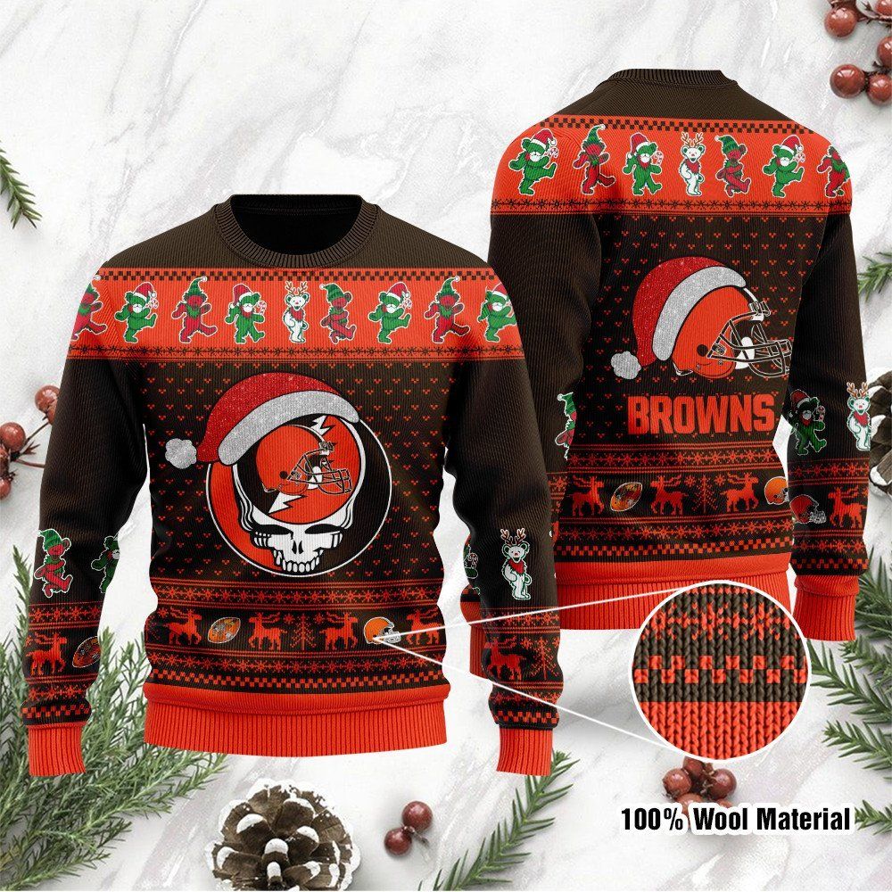 Cleveland Browns Grateful Dead SKull And Bears Custom Name Ugly Christmas Sweater NFL Football Christmas