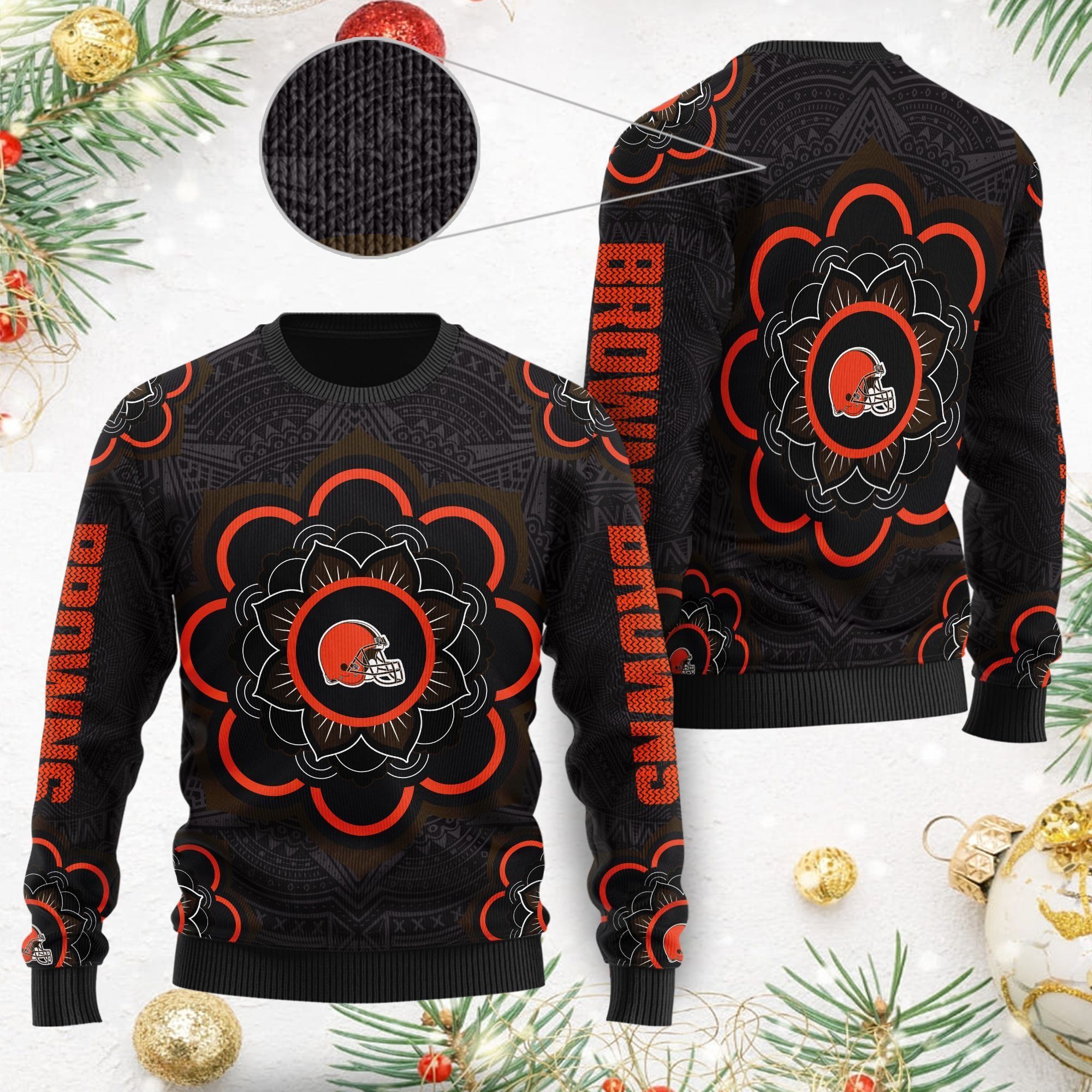Cleveland Browns Mandala Logo Ugly Christmas Sweater NFL Football Fans On Xmas