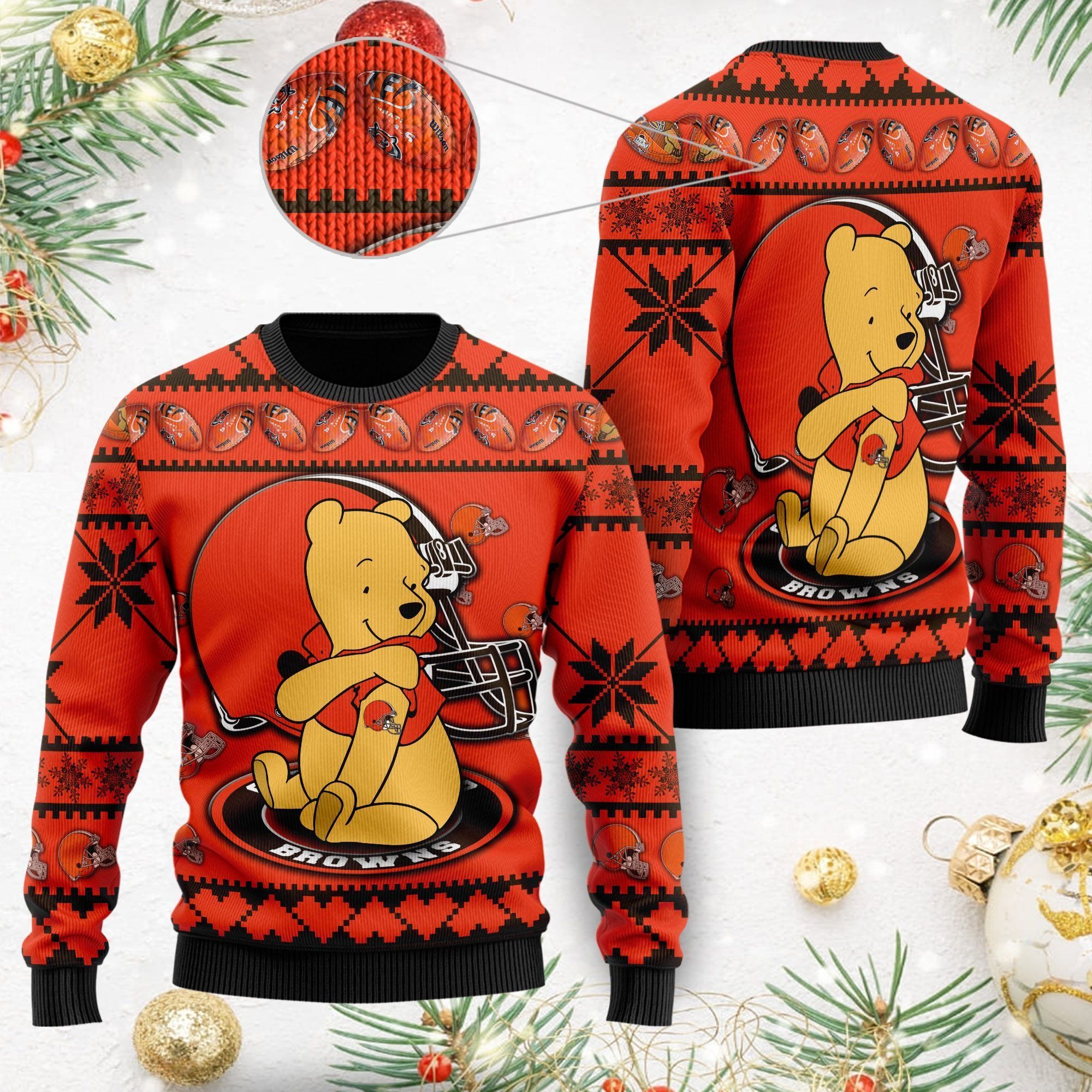 Cleveland Browns NFL American Football Team Logo Cute Winnie The Pooh Bear 3D Ugly Christmas Sweater