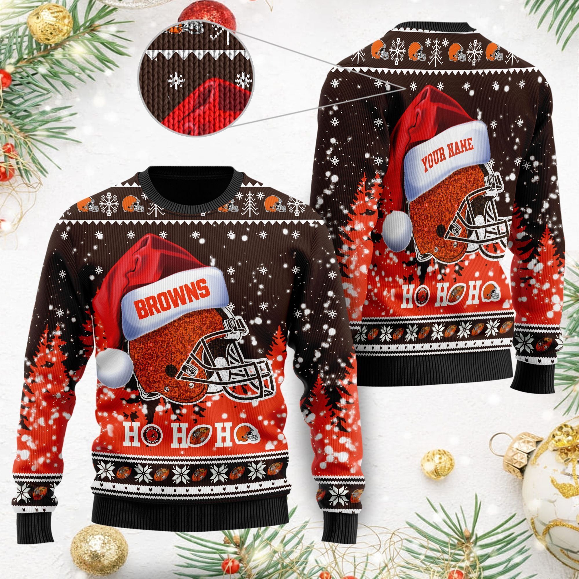 Cleveland Browns Symbol Wearing Santa Claus Hat Cute Pattern Ho Ho Ho Custom Personalized Ugly Christmas Sweater For Football Fans On Xmas Party