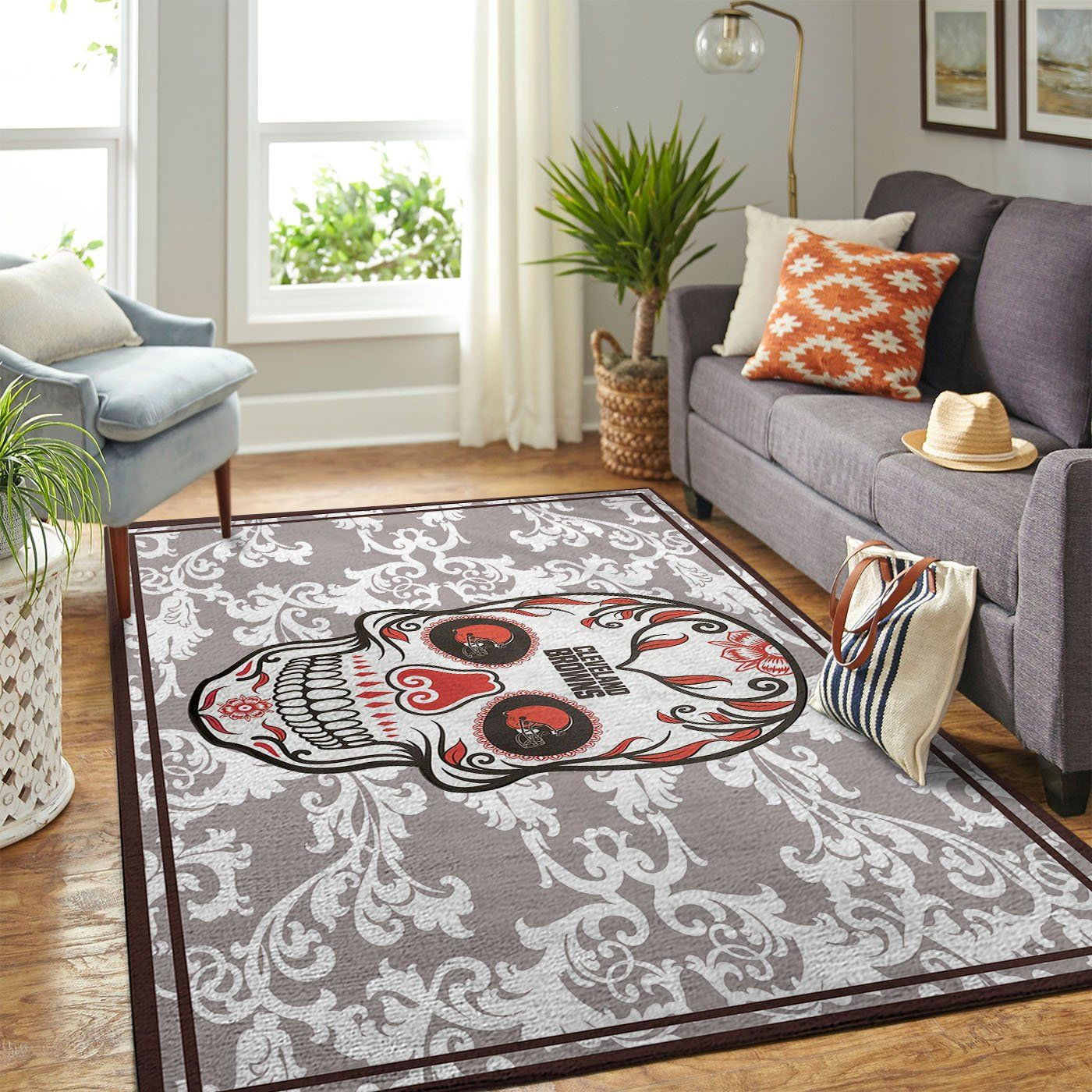 Cleveland Browns Team Logo Skull Flower Rectangle Area Rug – Full Print Carpet For Living Room & Bedroom Home Decor