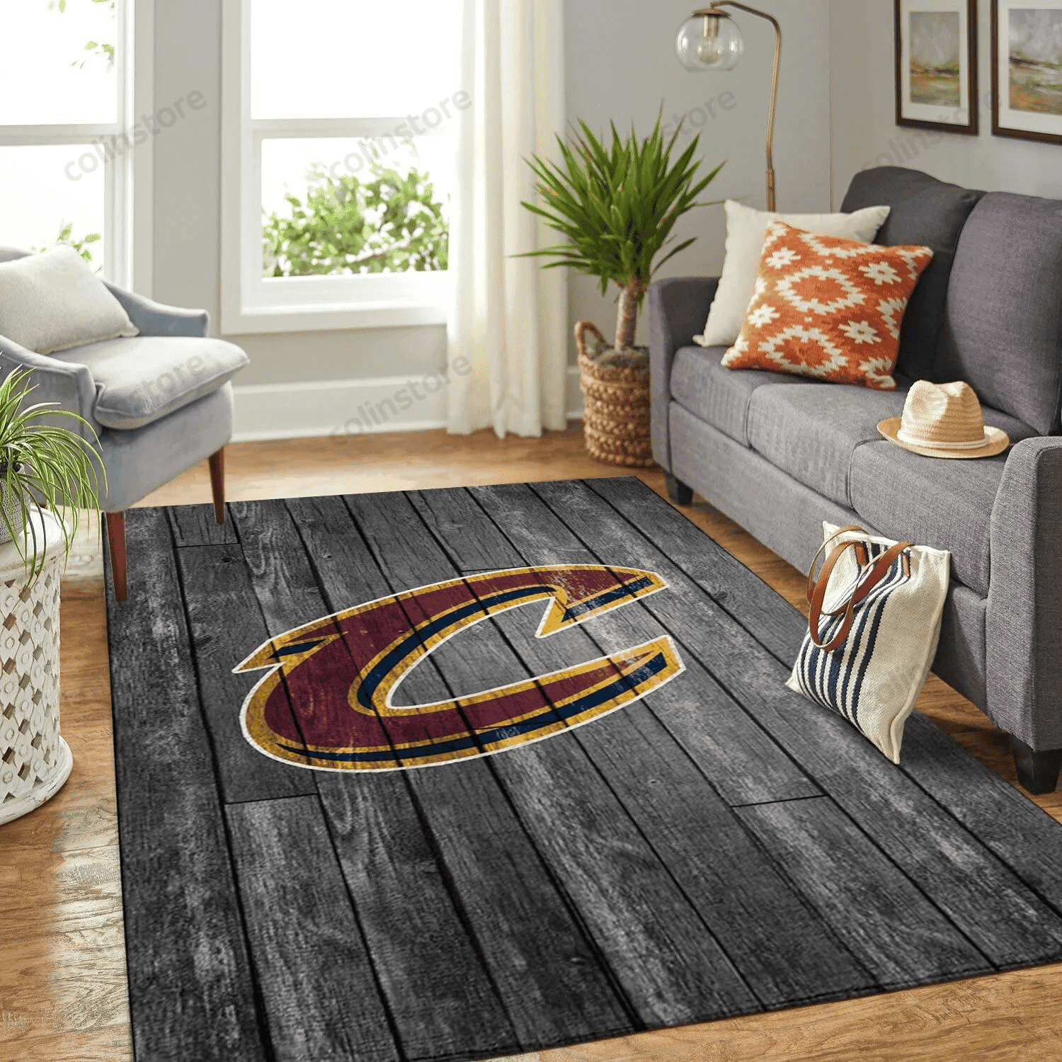 Cleveland Cavaliers Team Logo Grey Wooden Rectangle Area Rug – Full Print Carpet For Living Room & Bedroom Home Decor