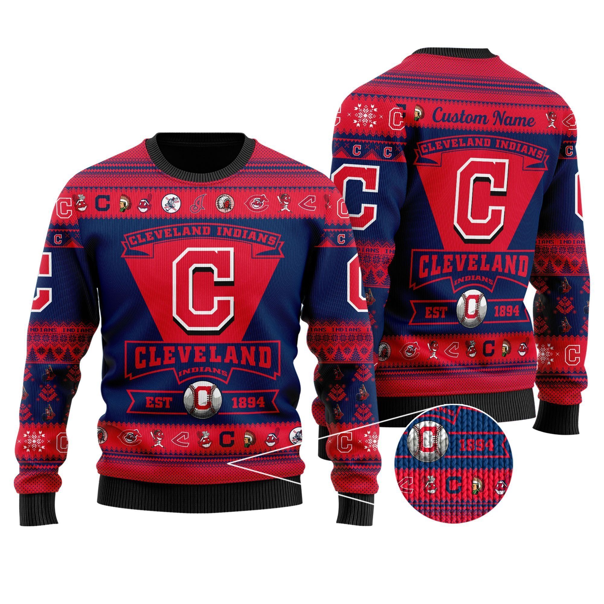 Cleveland Indians Football Team Logo Custom Name Personalized Ugly Christmas Sweater Holiday Party Men Women Plus Size