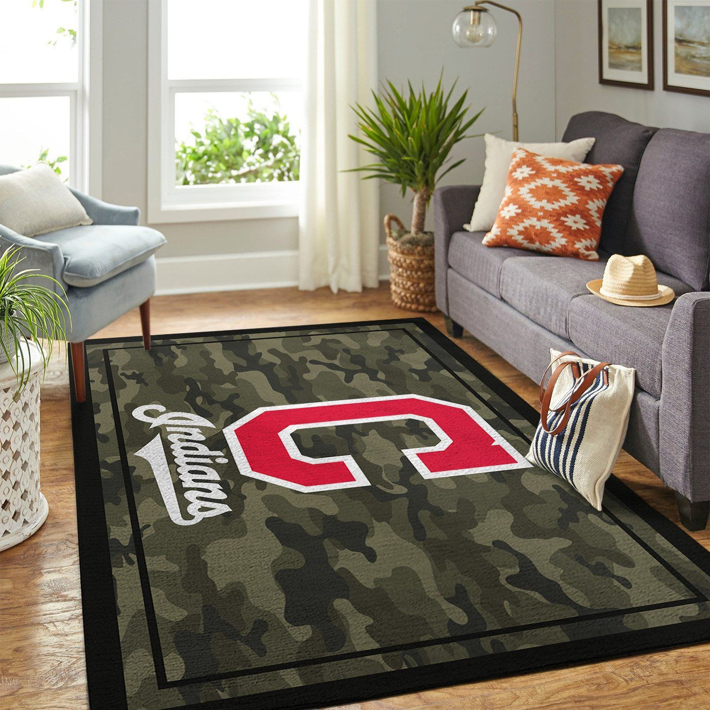 Cleveland Indians Team Logo Camo Rectangle Area Rug – Full Print Carpet For Living Room & Bedroom Home Decor