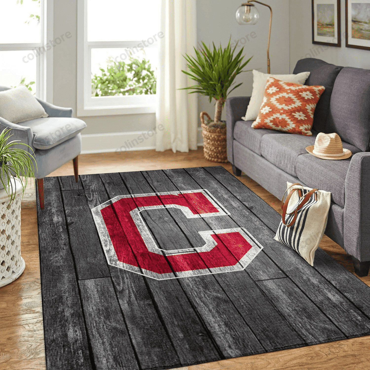 Cleveland Indians Team Logo Grey Wooden Rectangle Area Rug – Full Print Carpet For Living Room & Bedroom Home Decor