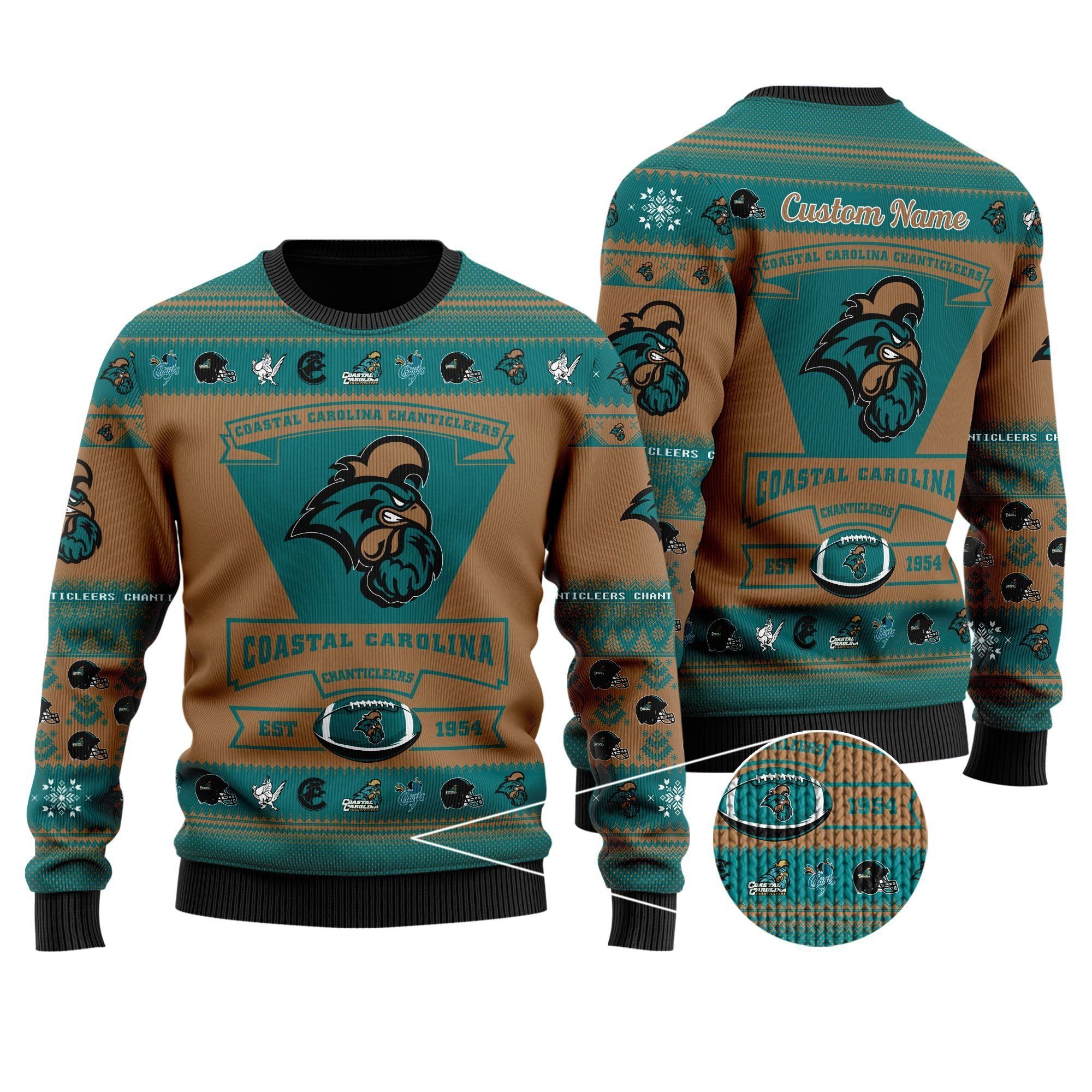 Coastal Carolina Chanticleers Football Team Logo Custom Name Personalized Ugly Christmas Sweater Holiday Party Men Women Plus Size