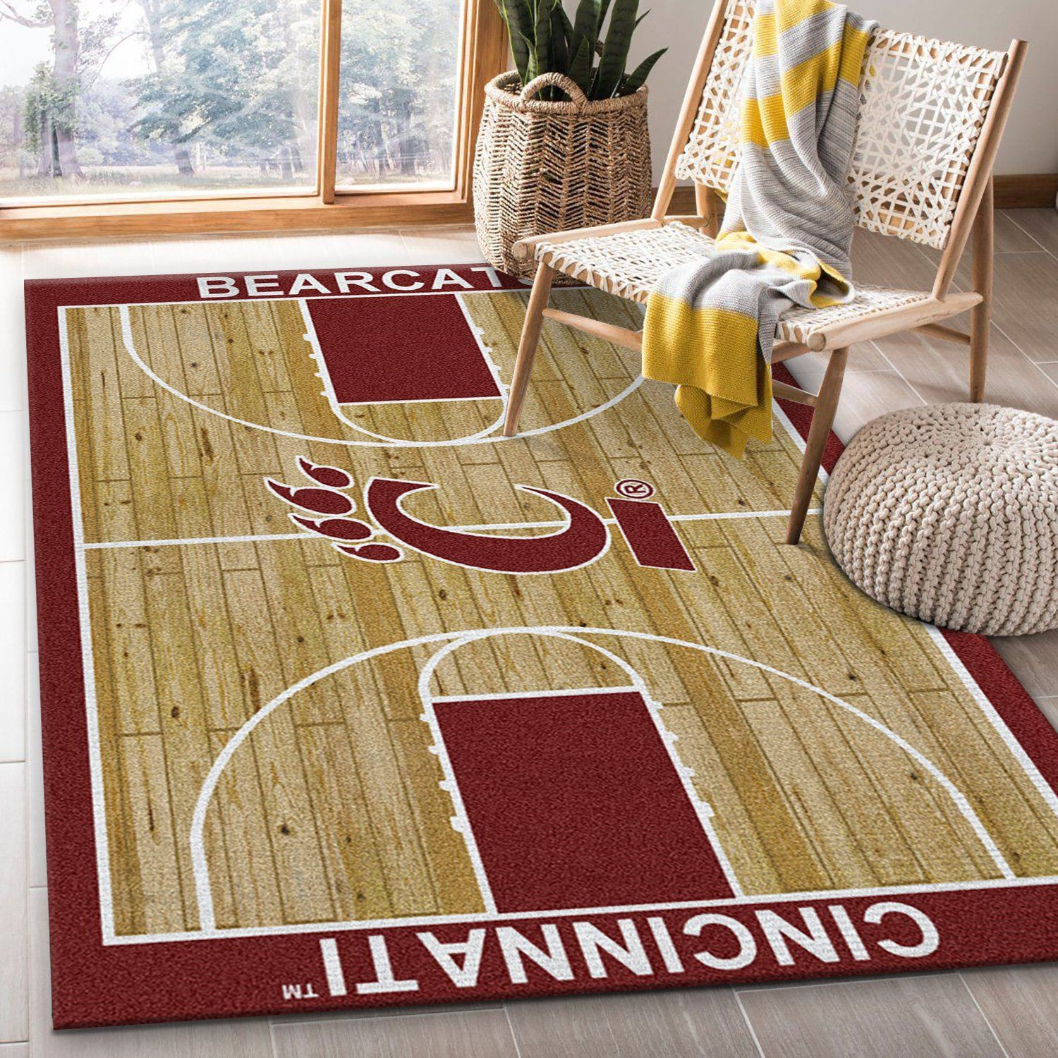 College Home Court Cincinnati Basketball Team Logo Rectangle Area Rug – Full Print Carpet For Living Room & Bedroom Home Decor