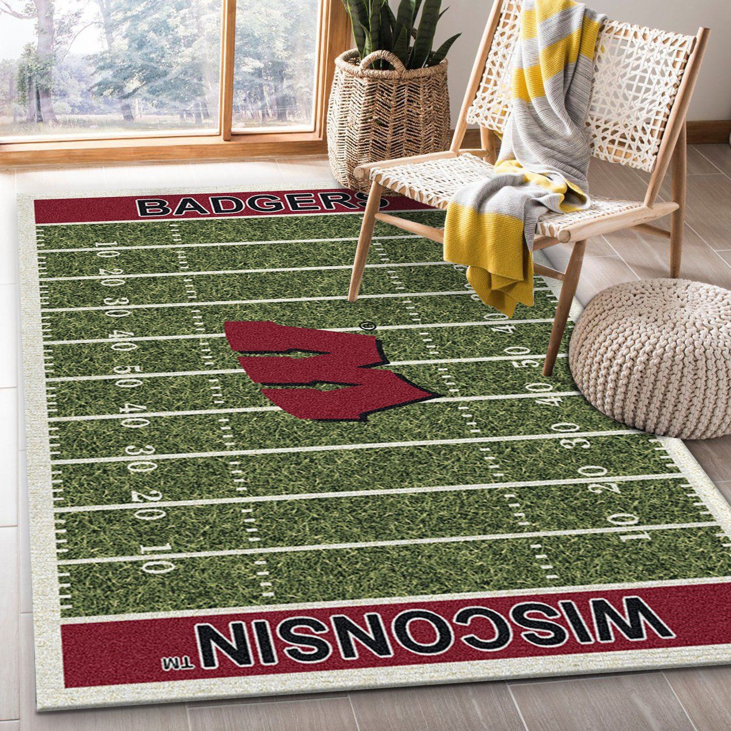 College Wisconsin Team Logo Rectangle Area Rug – Full Print Carpet For Living Room & Bedroom Home Decor