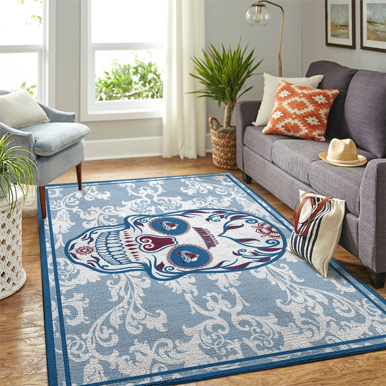 Colorado Avalanche Team Logo Skull Flower Rectangle Area Rug – Full Print Carpet For Living Room & Bedroom Home Decor