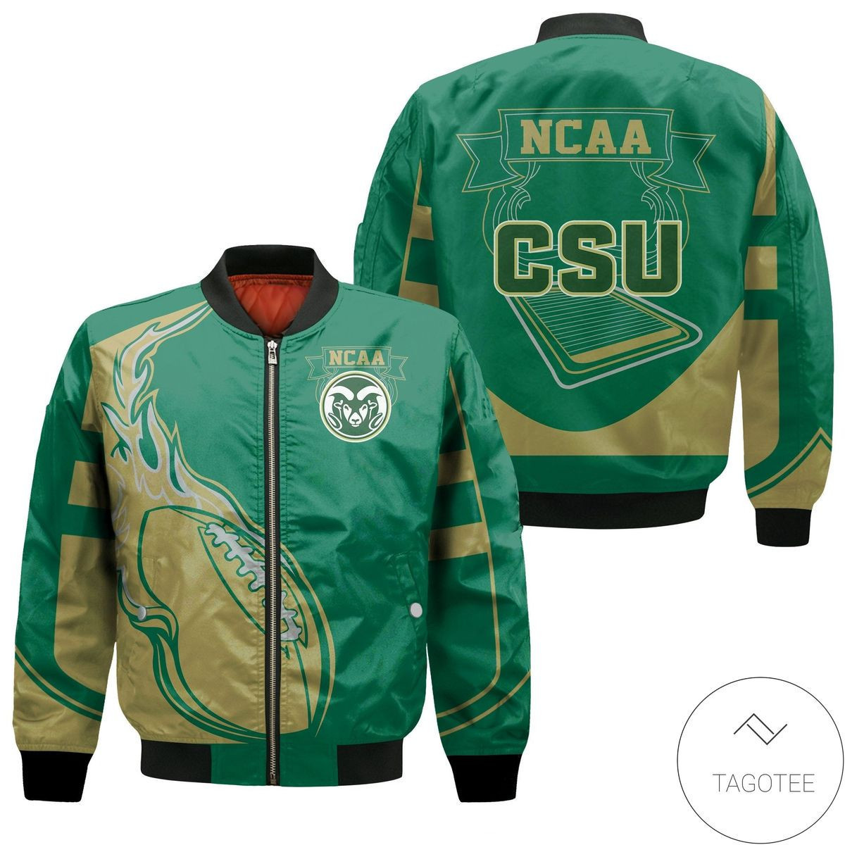 Colorado State Rams Green Gold Flame Flying Ball Bomber Jacket | NCAA College Team Jacket for Men & Women | Sports Fan Gift