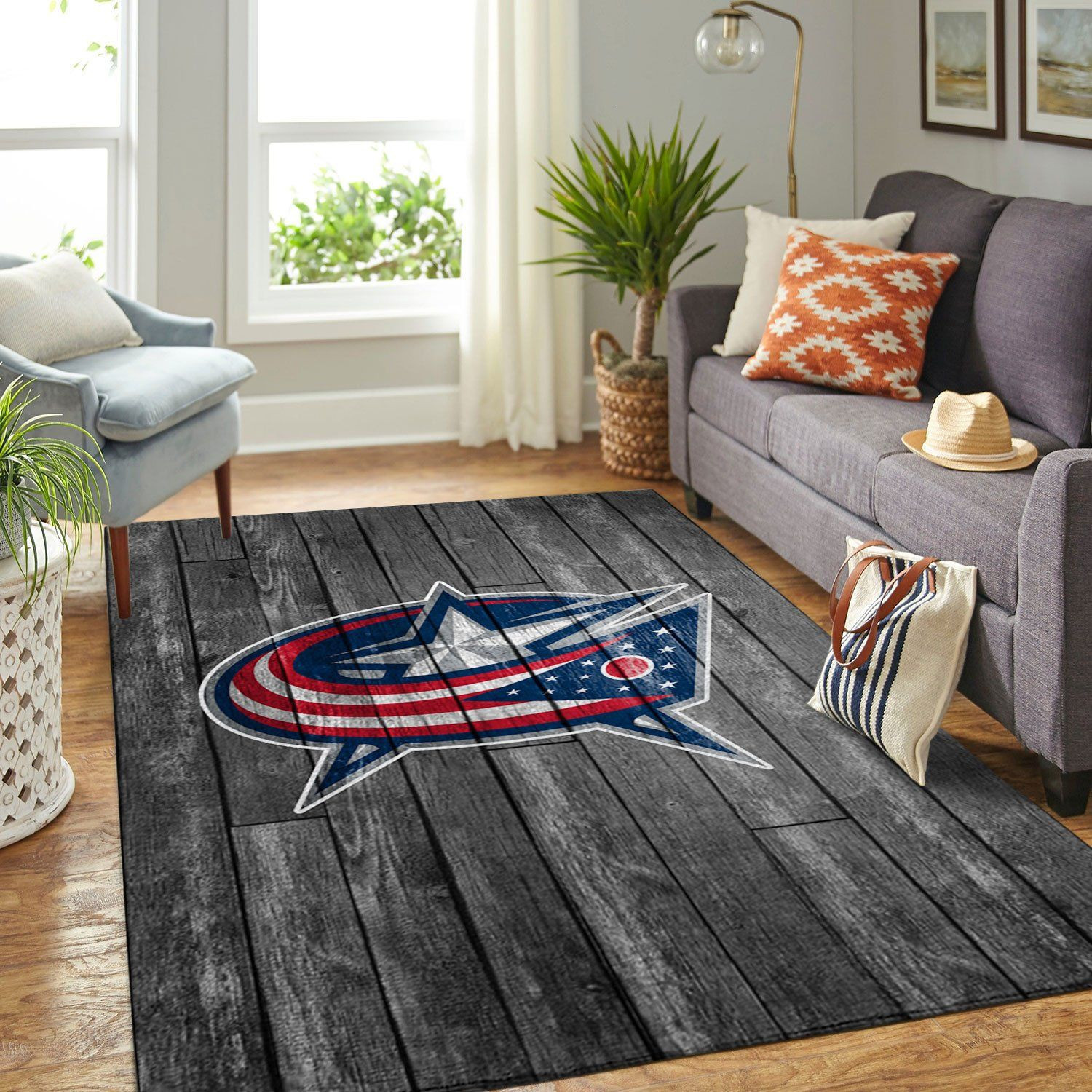Columbus Blue Jackets Team Logo Grey Wooden Rectangle Area Rug – Full Print Carpet For Living Room & Bedroom Home Decor