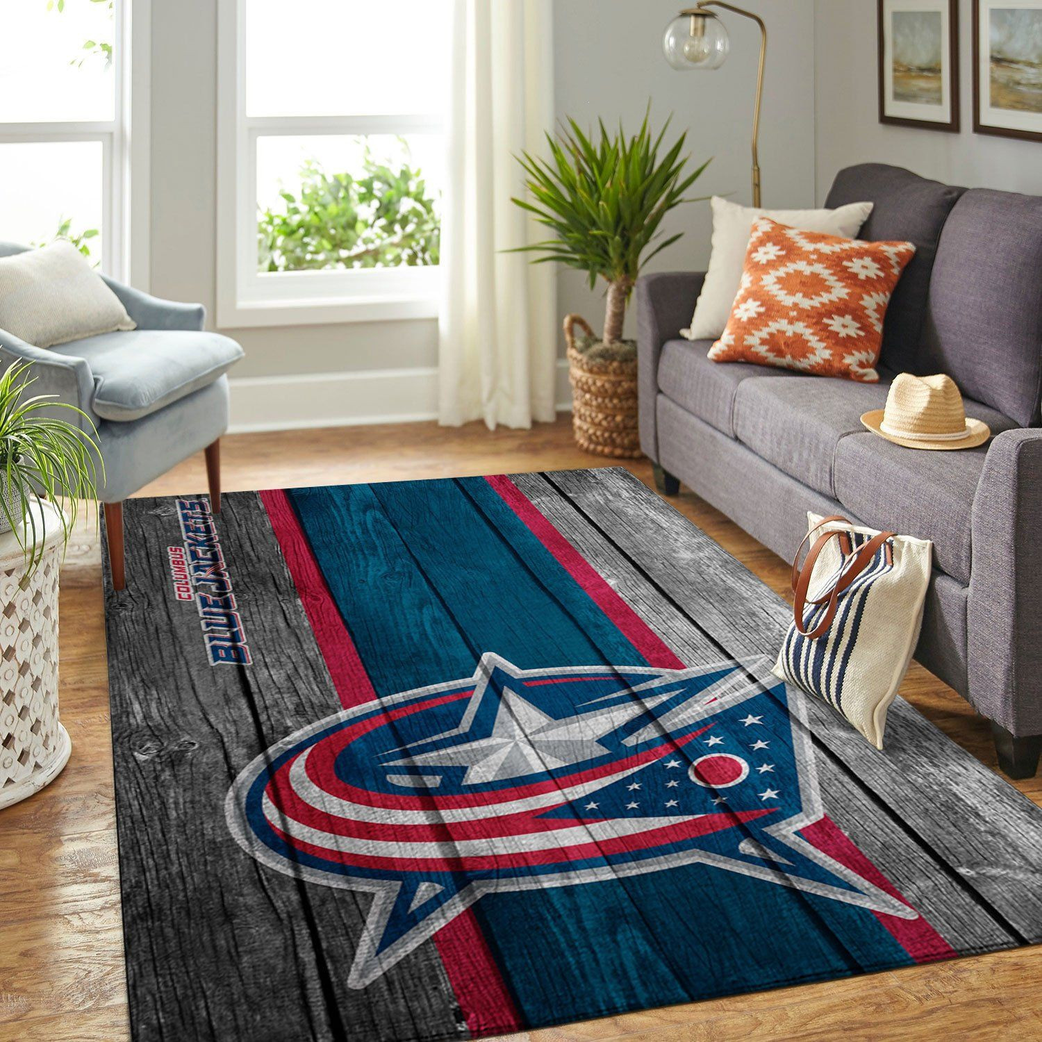 Columbus Blue Jackets Team Logo Wooden Rectangle Area Rug – Full Print Carpet For Living Room & Bedroom Home Decor