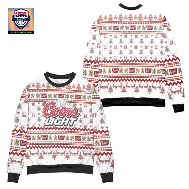 Coors Light Reindeer Pine Tree Pattern Ugly Christmas Sweater White