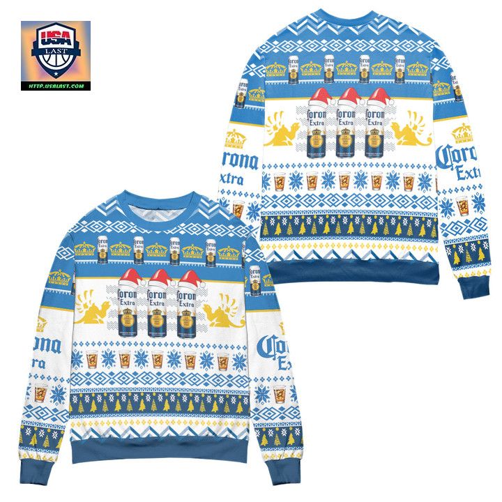 Corona Extra Beer Logo Christmas Pattern Ugly Christmas Sweater White Blue