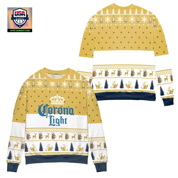 Corona Light Beer Snowflake Pattern Ugly Christmas Sweater White Yellow
