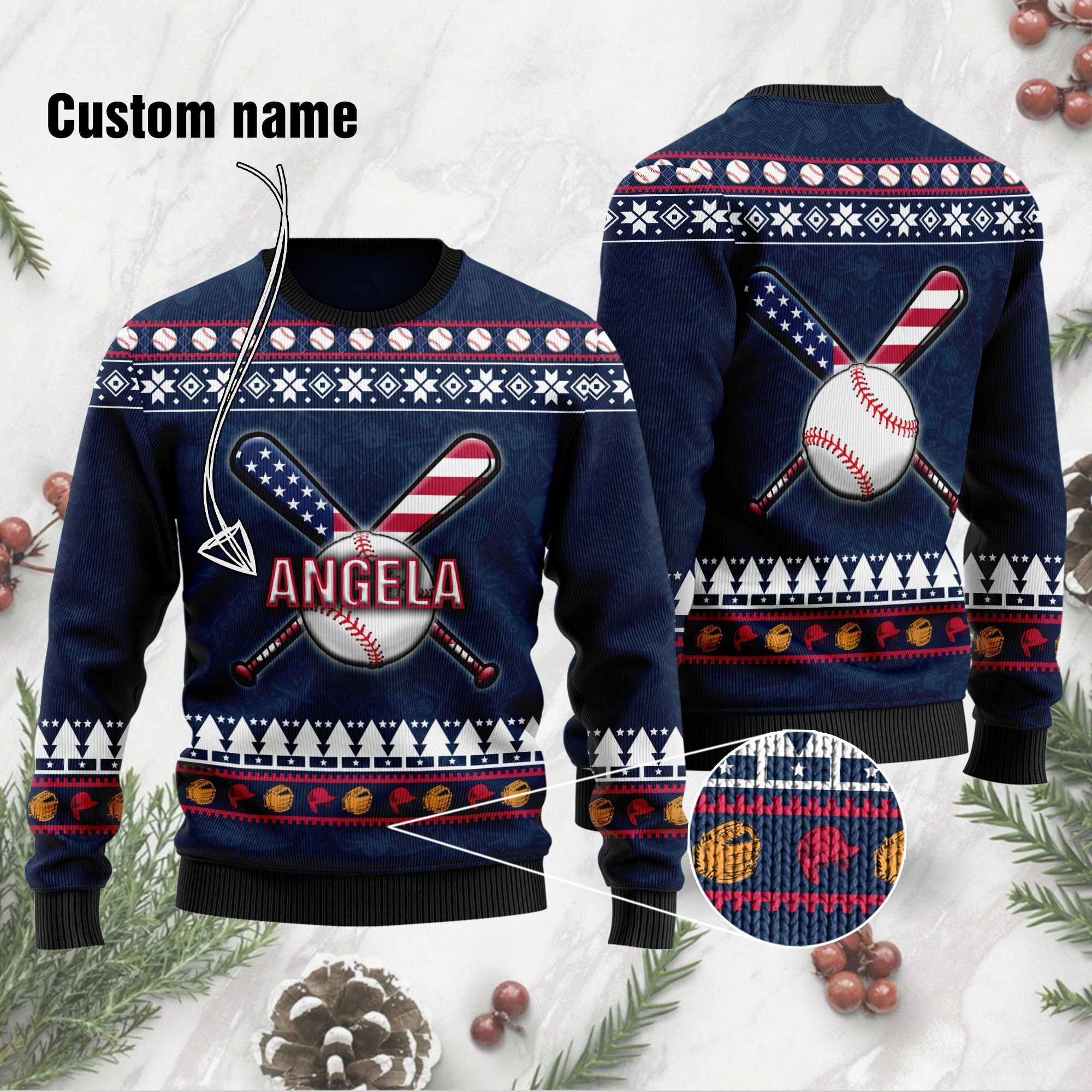 Custom Name Baseball Ugly Christmas Sweater