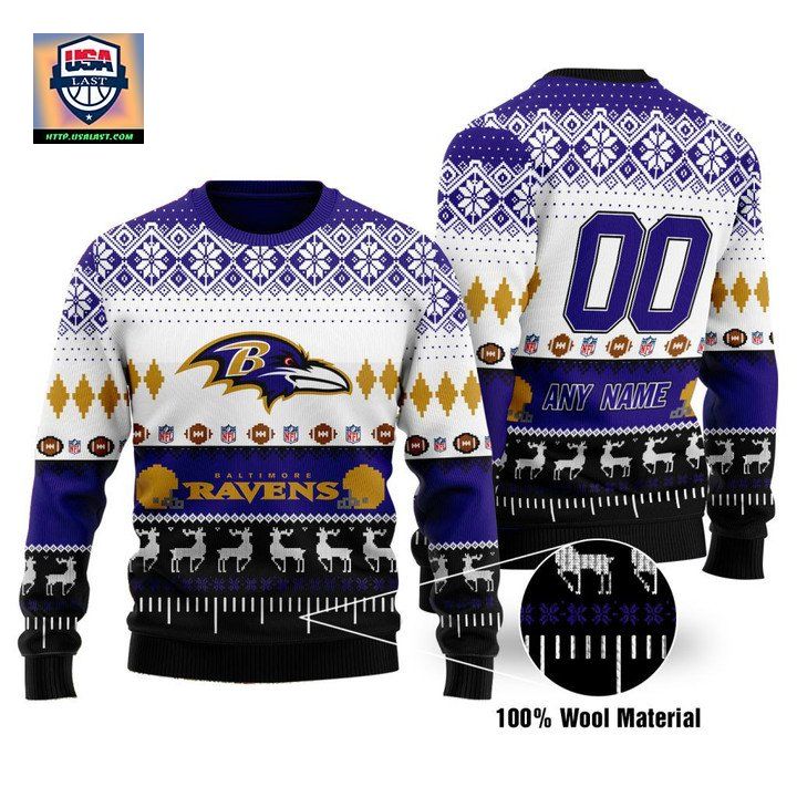 Custom Name Number Nfl Baltimore Ravens Playing Field Ugly Christmas Sweater