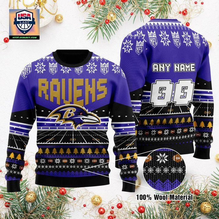 Custom Name Number Nfl Baltimore Ravens Rugby Stadium Ugly Christmas Sweater