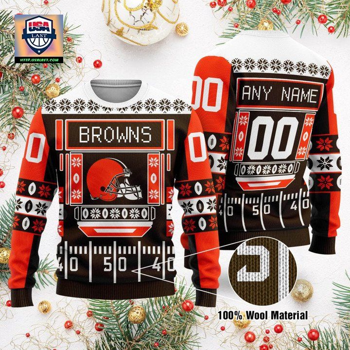 Custom Name Number Nfl Cleveland Browns Playing Field Ugly Christmas Sweater