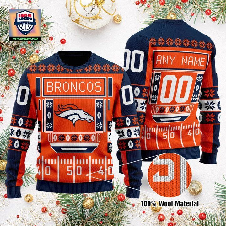 Custom Name Number Nfl Denver Broncos Playing Field Ugly Christmas Sweater