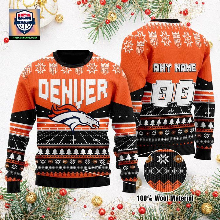 Custom Name Number Nfl Denver Broncos Rugby Stadium Ugly Christmas Sweater