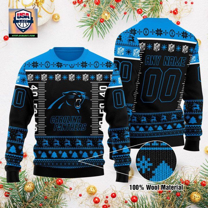 Custom Name Number Nfl Logo Carolina Panthers Ugly Christmas Sweater