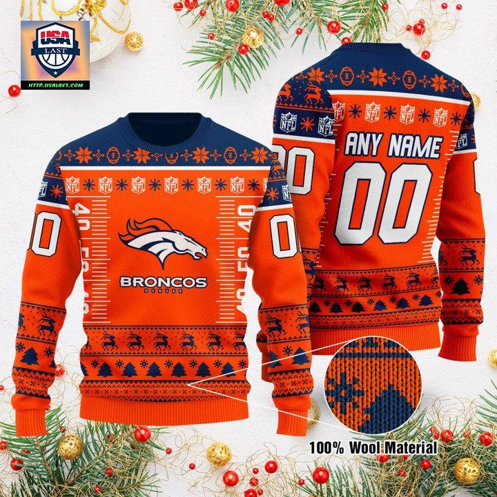 Custom Name Number Nfl Logo Denver Broncos Ugly Christmas Sweater
