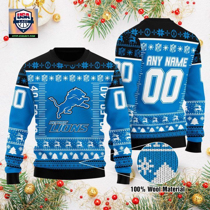 Custom Name Number Nfl Logo Detroit Lions Ugly Christmas Sweater