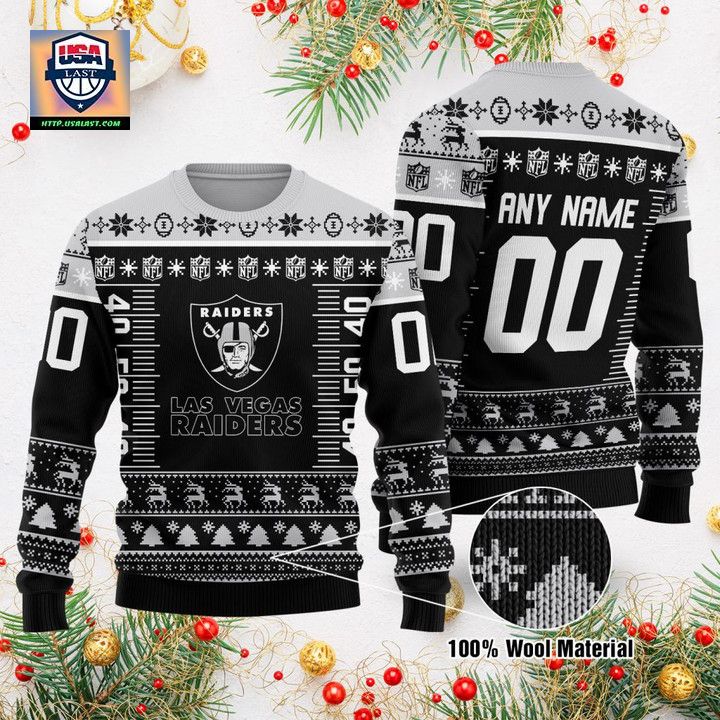 Custom Name Number Nfl Logo Las Vegas Raiders Ugly Christmas Sweater