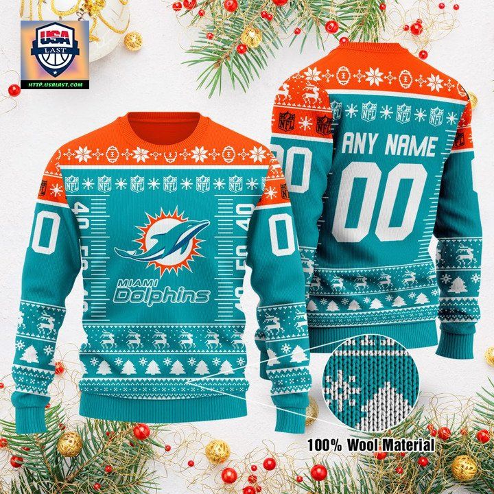 Custom Name Number Nfl Logo Miami Dolphins Ugly Christmas Sweater