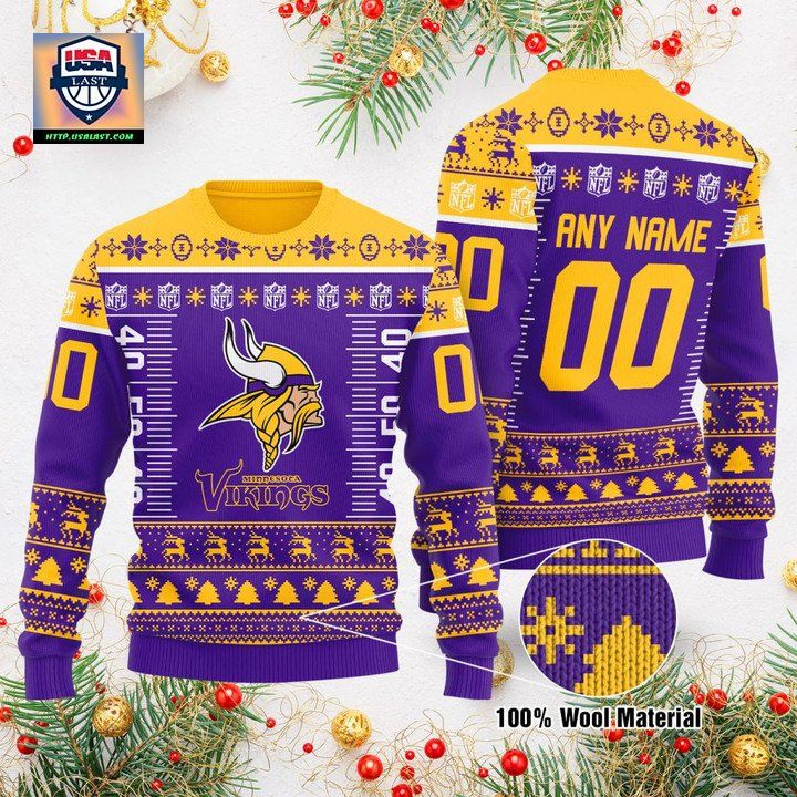 Custom Name Number Nfl Logo Minnesota Vikings Ugly Christmas Sweater