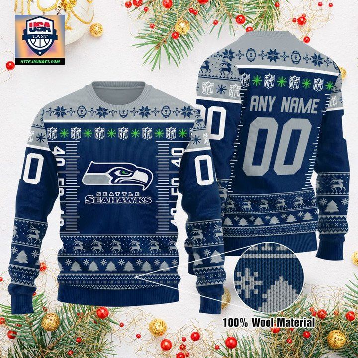 Custom Name Number Nfl Logo Seattle Seahawks Ugly Christmas Sweater