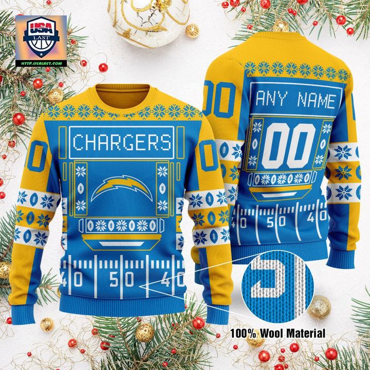 Custom Name Number Nfl Los Angeles Chargers Playing Field Ugly Christmas Sweater