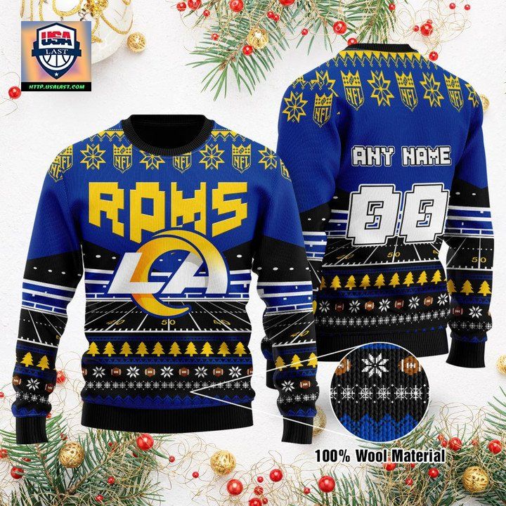 Custom Name Number Nfl Los Angeles Rams Rugby Stadium Ugly Christmas Sweater