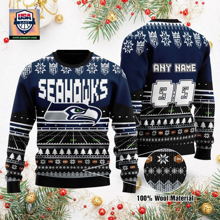 Custom Name Number Nfl Seattle Seahawks Rugby Stadium Ugly Christmas Sweater